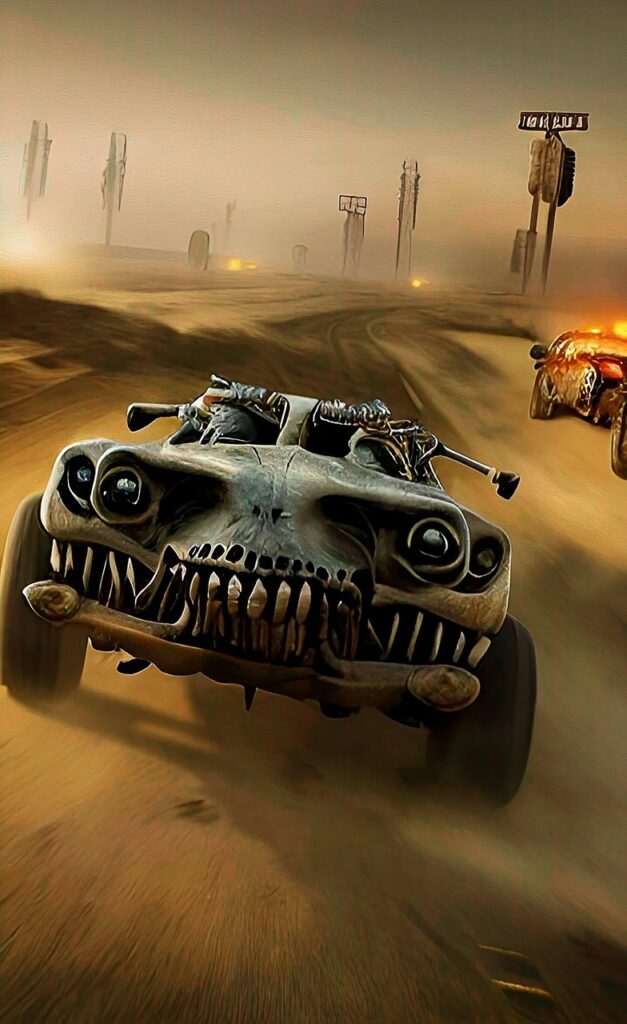 race, car, fantasy, mad max, dystopian, armageddon, apocalypse, desert, racing, auto, automotive, teeth, strange, ai generated, nature, avatar, phone wallpaper, cellphone wallpaper, book cover, danger, ominous, artwork, gothic, cover art, wallpaper, cover