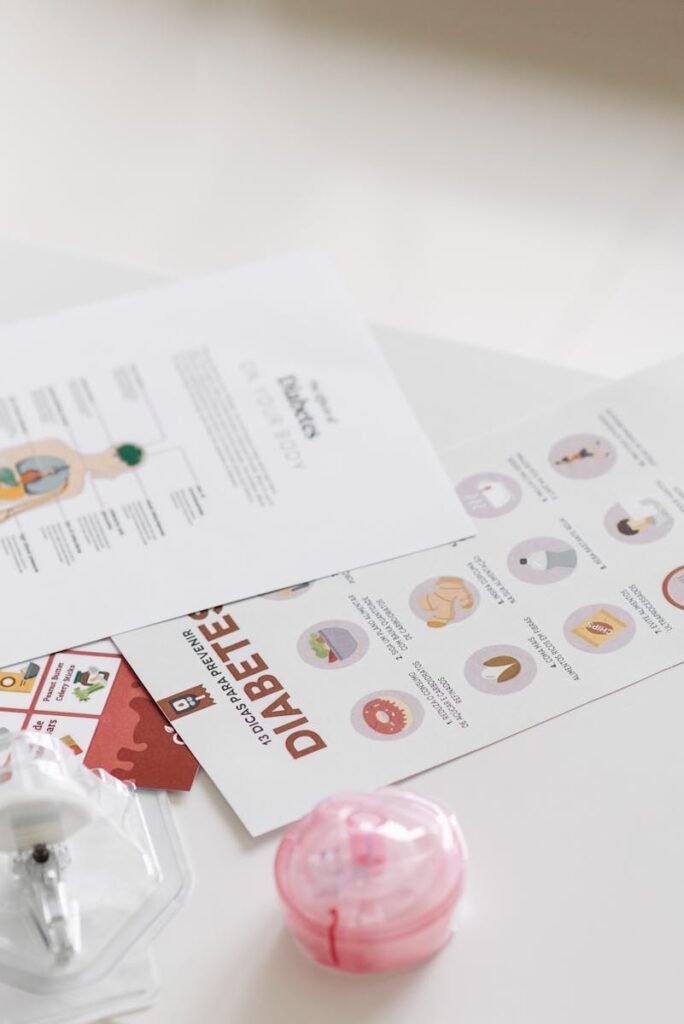 Informative leaflets focusing on diabetes awareness and care with healthcare details.
