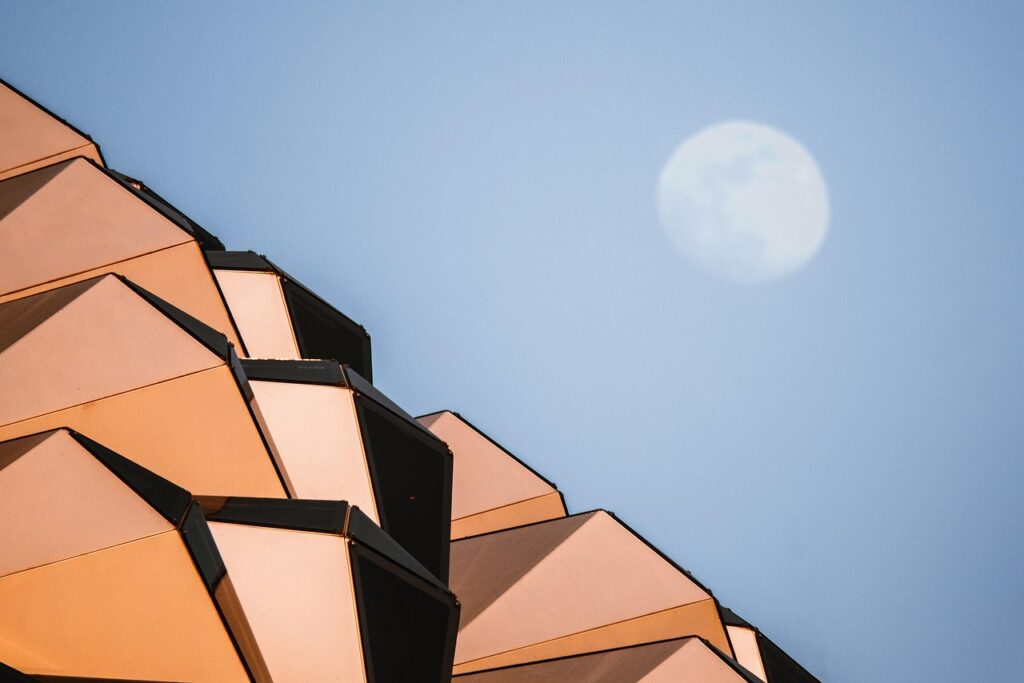 city, structure, moon, geometry, design, art, metal