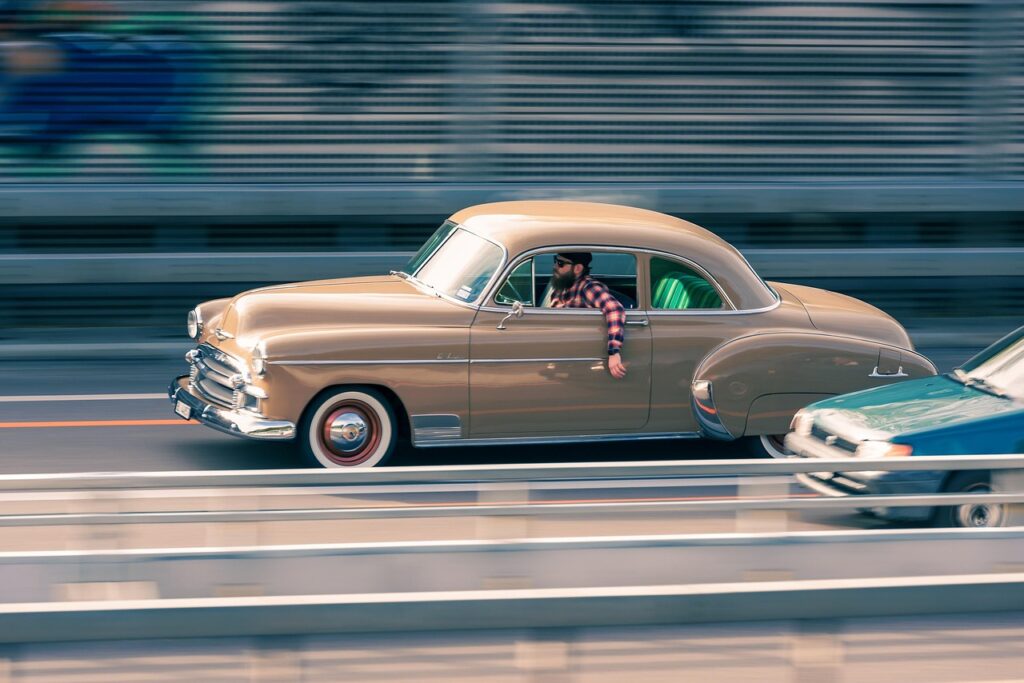 man, automobile, road, retro, antique car
