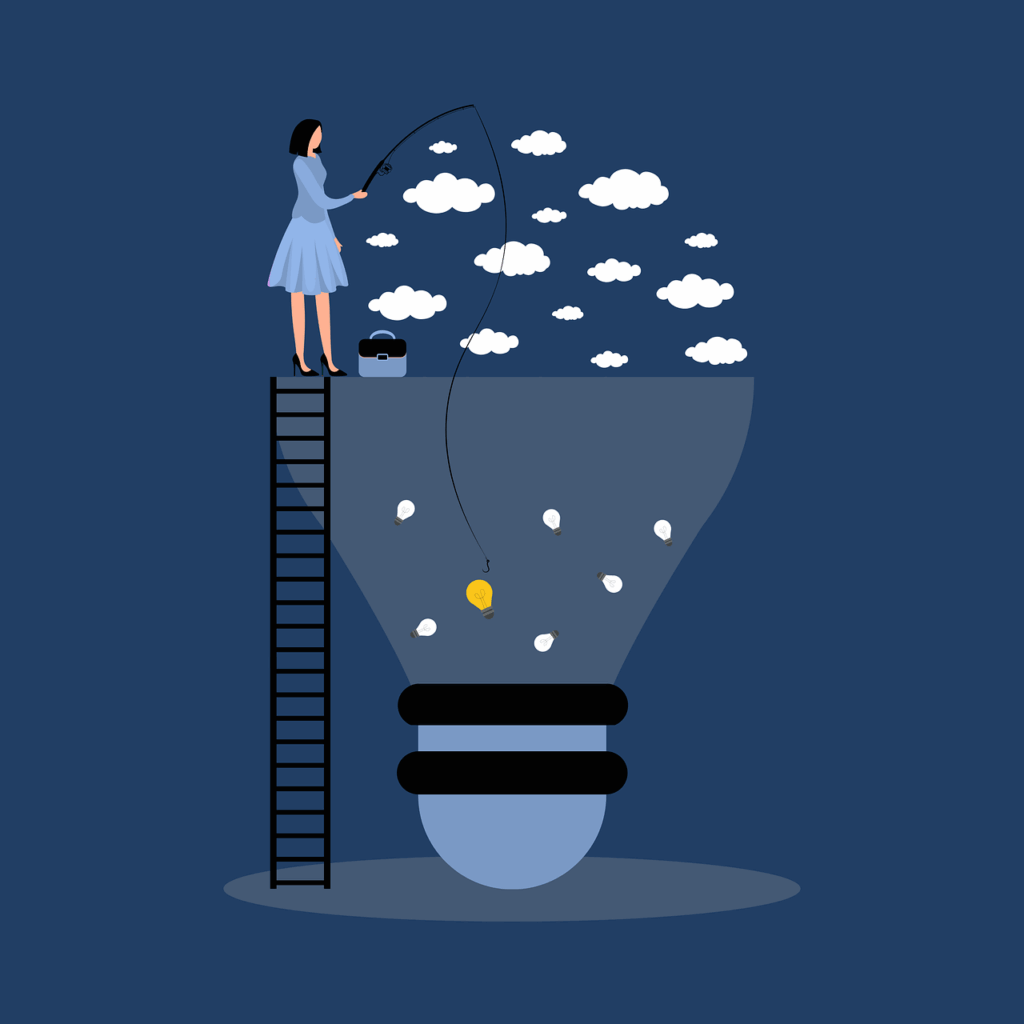 woman, ladder, idea, clouds, the light bulb, nature, light, luminous, fishing, training, to learn, knowledge, information, hand, brainstorming, shape, potential, blue