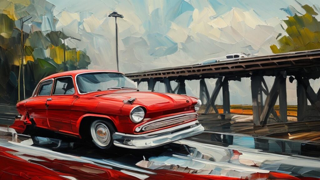 car, automobile, vehicle, sedan, suv, sports car, coupe, convertible, hatchback, electric car, hybrid car, luxury car, compact car, mid-size car, full-sized car, pickup truck, minivan, van, off-road vehicle, classic car, vintage car, muscle car, roadster, crossover, station wagon, painting, art, artwork
