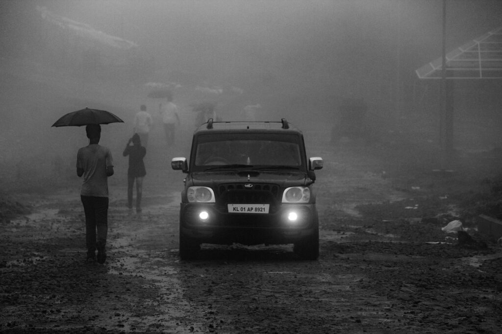 umbrella, people, car wallpapers, vehicle, car, rain, man, street, monochrome, fog, road, landscape, nature, tire, outdoor, vehicle registration plate, automotive lighting, wheel, motor vehicle, dark
