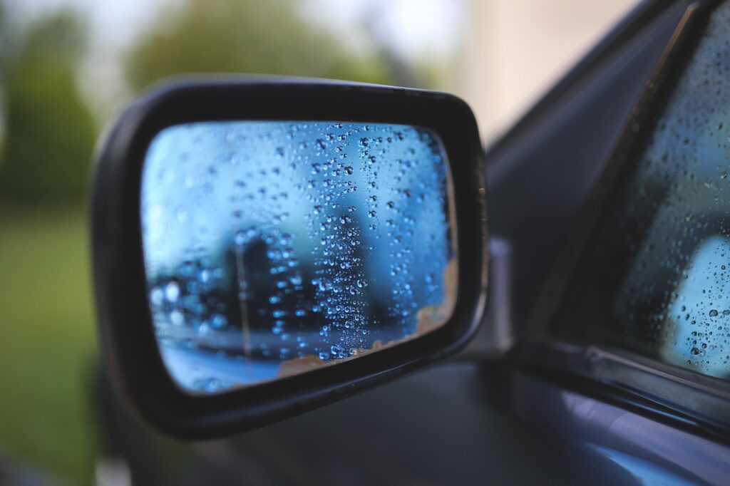 drops, clean, cleaning, car mirror, mirror, car, car wallpapers, dew, water, rain, blue car, nature, blue rain, blue mirror, blue clean