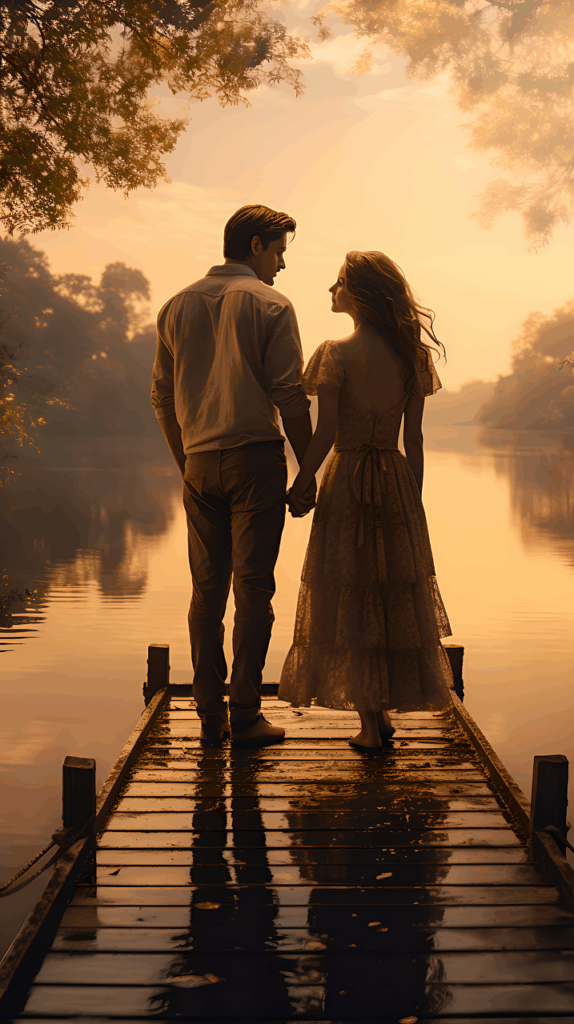 ai generated, couple, sunset, love, man, woman, romance, honeymoon, lake, forest, nature, portrait