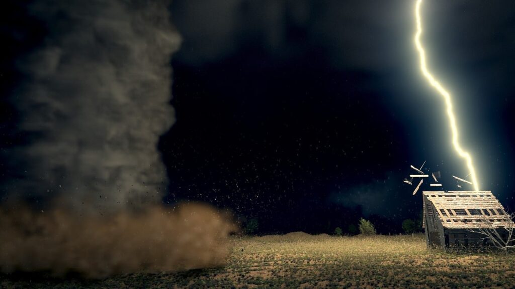 b3d, blender, tornado, severe, weather, lightning, destruction, night, clouds, nature, wind, dirt, rural, barn, broken, torn, blowing, light, dark, fence, old, wood, worn, storm, huge, big, large, strike, explode