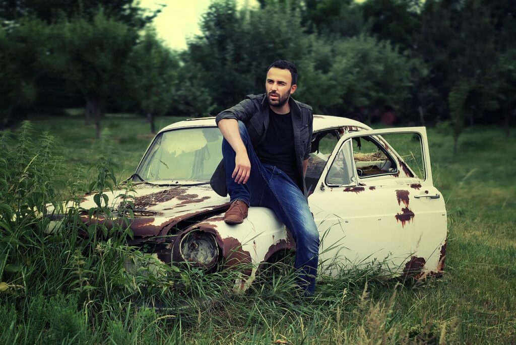 man, portrait, fashion, adult, style, men's fashion, old car, abandoned car, broken car, modeling, pose, posing, outdoors, nature, sitting, relaxed, classic car, old, car, car wallpapers, vintage, auto