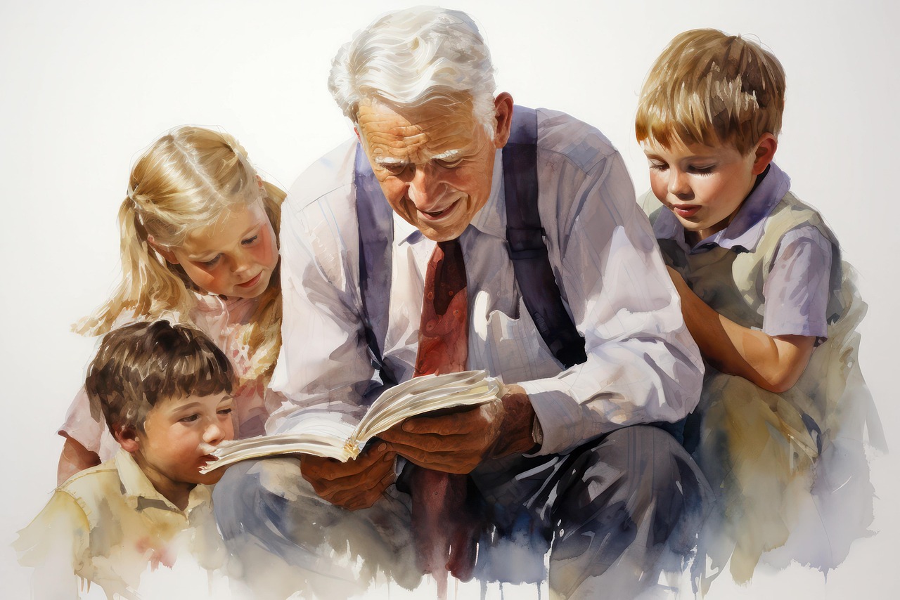 ai generated, man, grandpa, grandchildren, read out, reader, lecture, book, read, grandpa, grandpa, grandpa, grandpa, grandpa, grandchildren
