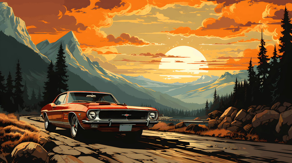 automobile, vehicle, antique car, classic, muscle car, collector vehicle, classic car, road, landscape, mountains, sunset, sports car, background image, screen background, full hd wallpaper, background, nature, ai generated