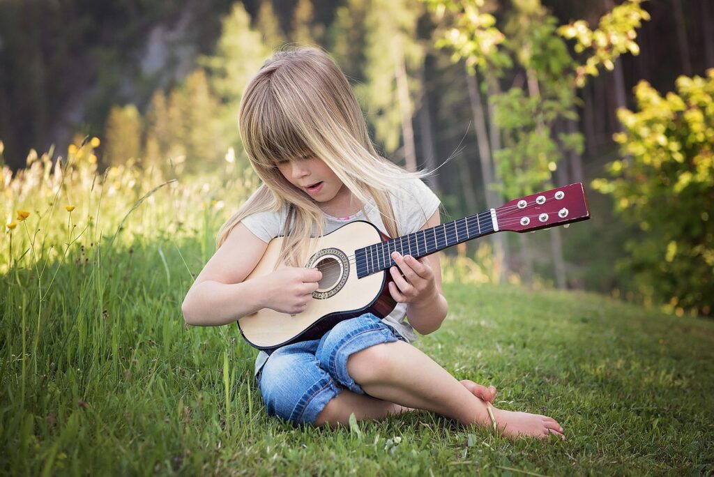 person, human, child, girl, blond, guitar, make music, play guitar, music, outdoors, nature, portrait, human, guitar, guitar, music, music, music, music, music