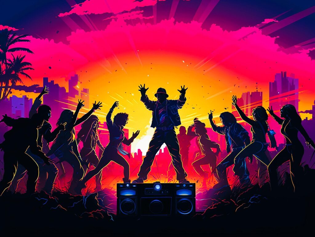 ai generated, people, crowd, galaxy, revival, celestial, starry, odyssey, lighting, extravaganza, stardom, beats, disco dreams, glowing, rhythmic, dynamic, electro funk, mirage, stellar, radiant rhythms, midnight disco