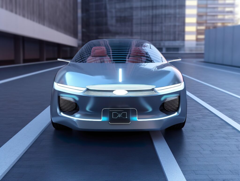 ai generated, self-driving car, alternative fuel vehicle, autonomous technology, autopilot, car, digital display, driverless car, driverless transport, electric vehicle, environmental conservation, futuristic, hybrid car, street, silver car