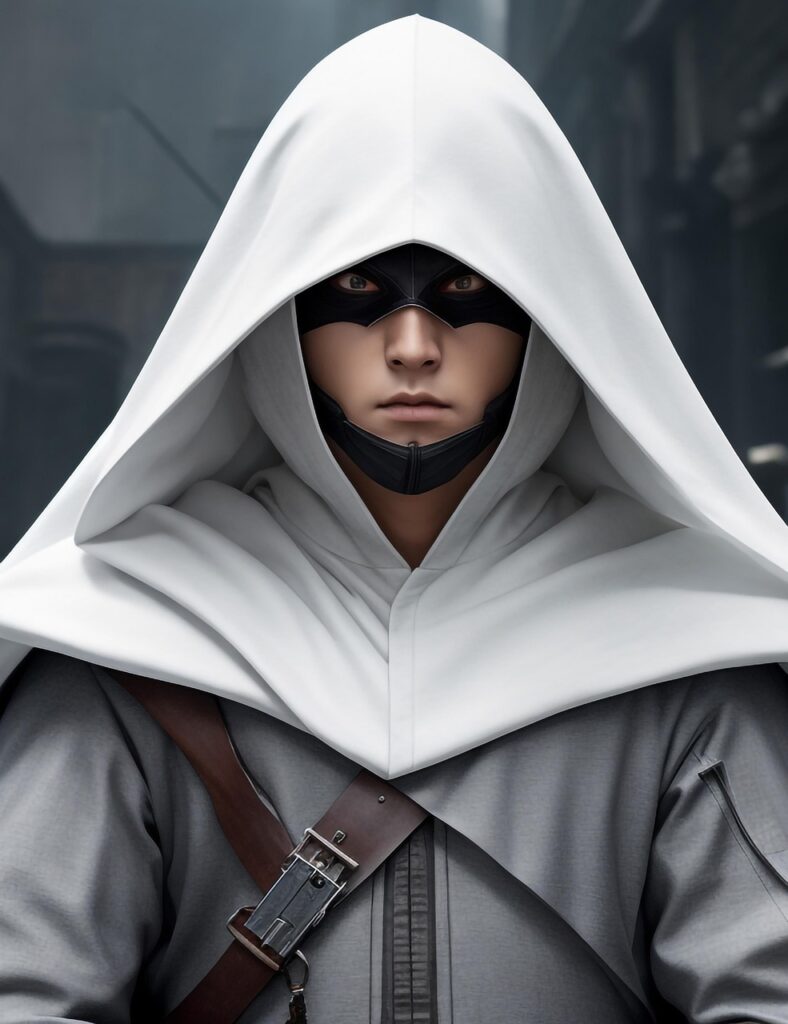 ai generated, man, cloak, cartoon, stealth, assasin, blade, disguise, rpg, character, portrait