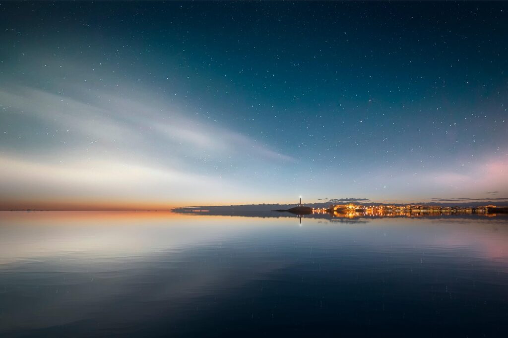 landscape, night, nature, sea, darling, clouds, lighthouse, star, reflection