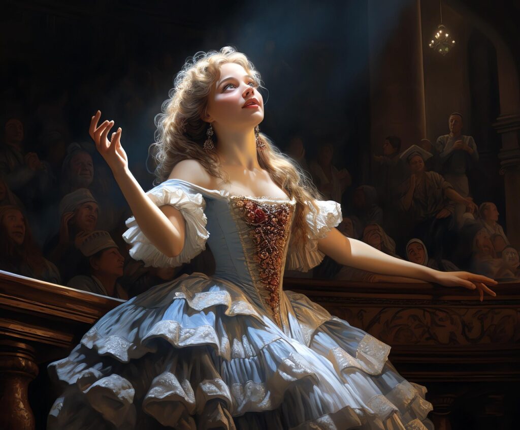 ai generated, woman, singer, opera, blonde, dramatic, soprano, vintage, costume, stage, performance, theatrical, spotlight, baroque, gown, audience, elegance, classical, music, operatic, grandeur, lyrical, musical