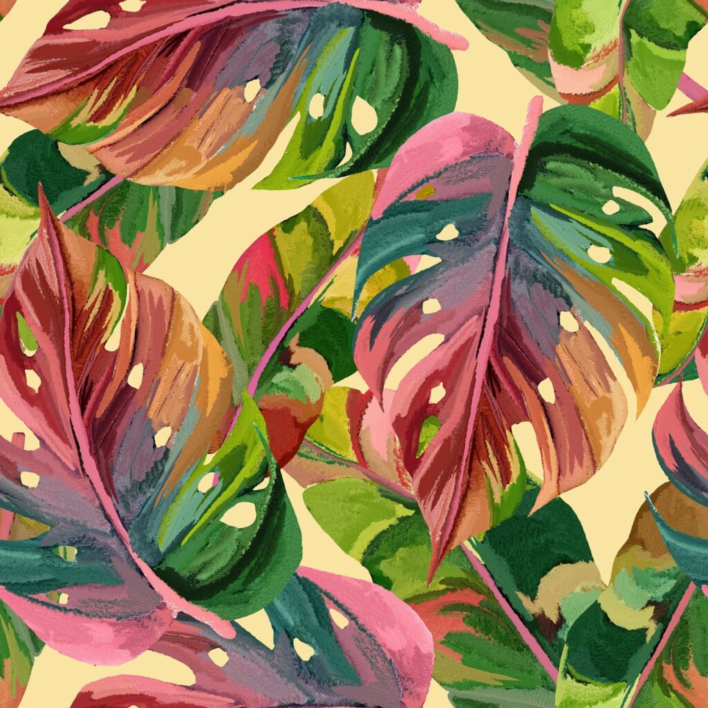 monstera, colorful, leaves, foliage, tropical, nature, plant, print, floral background, jungle, background, painting