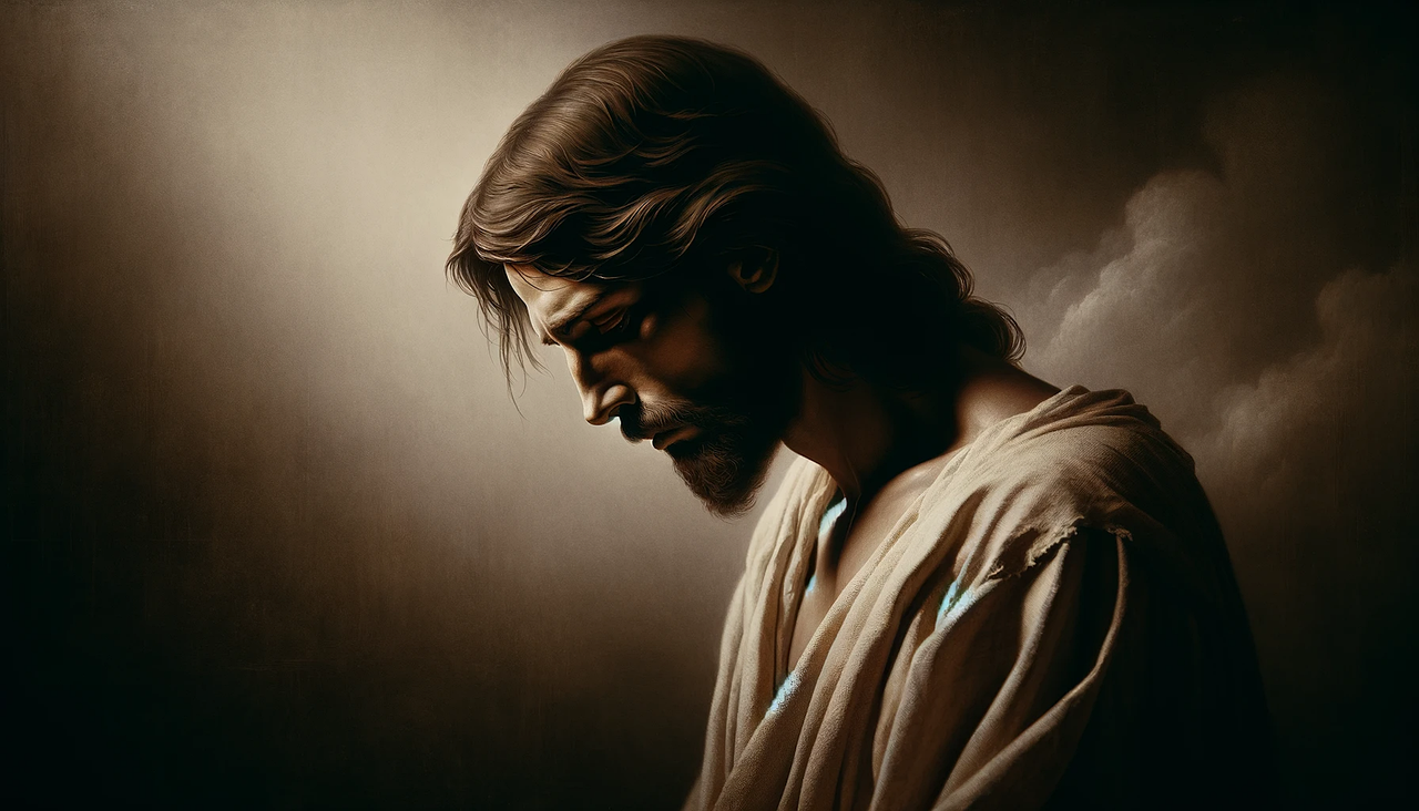 ai generated, jesus christ, religious, classical painting, spiritual reflection, christian iconography, solemn portrayal, biblical scene, spiritual leader, moment of contemplation, historical religious figure, artistic interpretation, religious inspiration, poignant imagery, devotional artwork, sacred representation