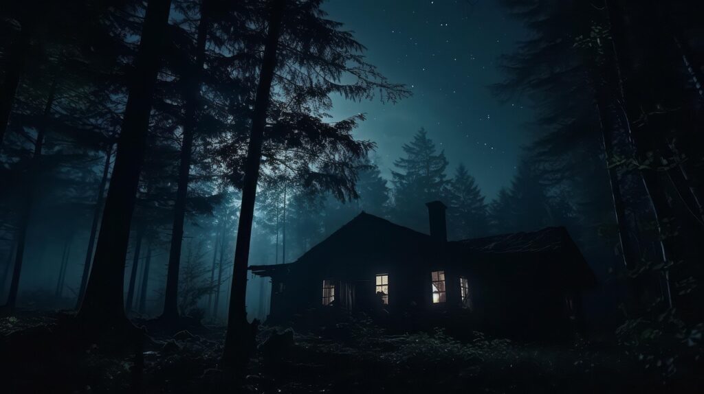 ai generated, house, nature, spooky, scary, halloween, woods, forest, thriller, night, mystery