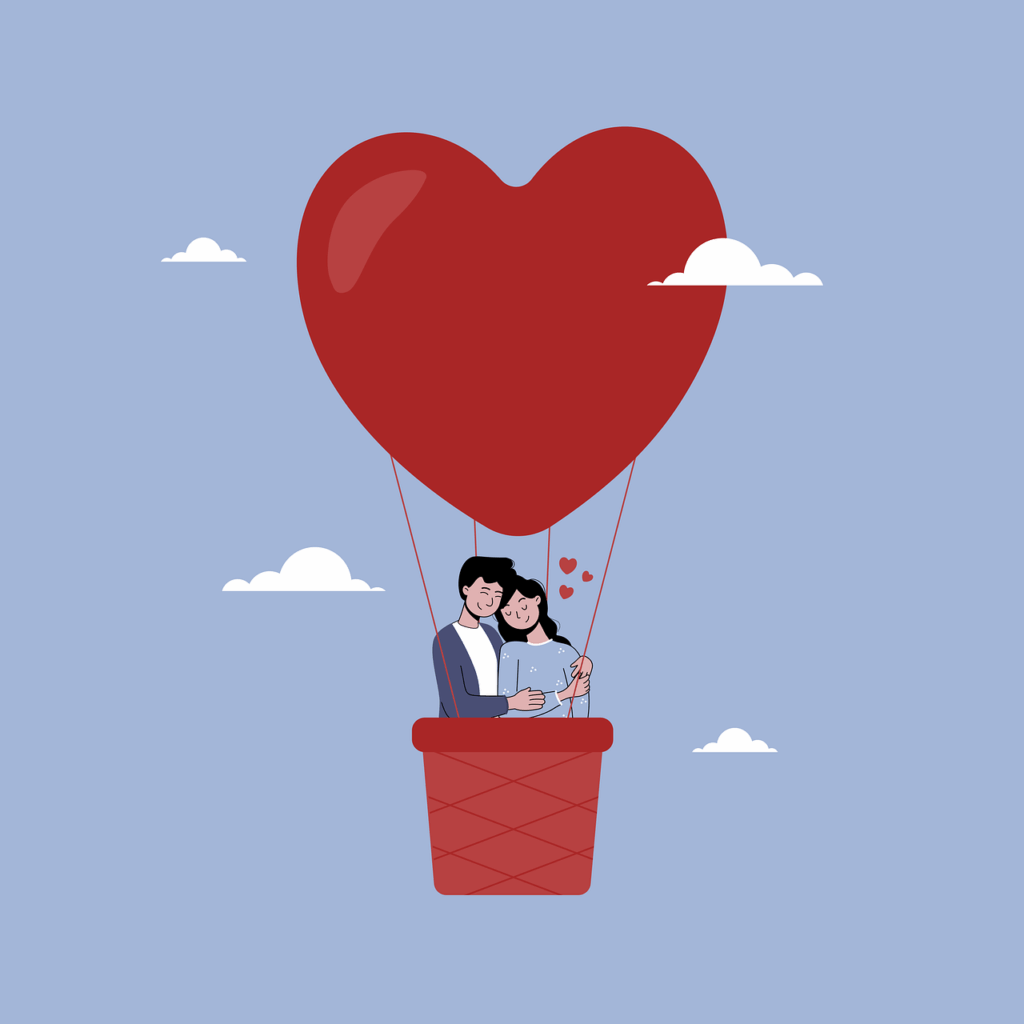 hot air balloon, couple, love, hug, nature, heart, valentine's day, sky, couple illustration, valentine illustration