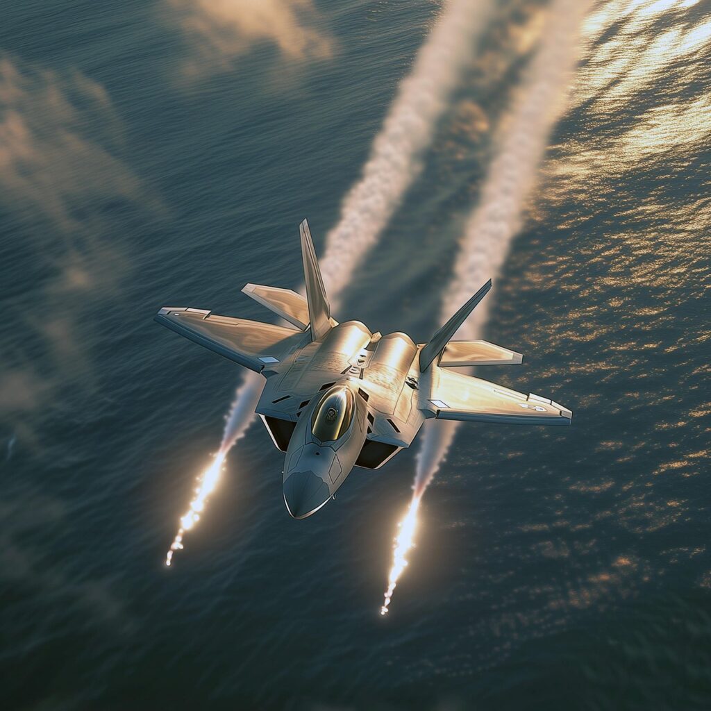 ai generated, jet, fighter jet, flames, aerial, maneuver, ocean, military, aircraft, speed, aerodynamics, contrail, clouds, advanced, weaponry, stealth, combat, ready, nature, high, altitude, aggressive