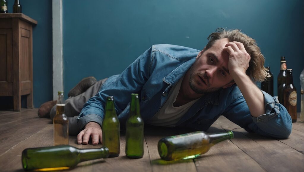 ai generated, man, drunk, alcohol, alcoholic, alcoholism, beer, bottles, drink, consumption