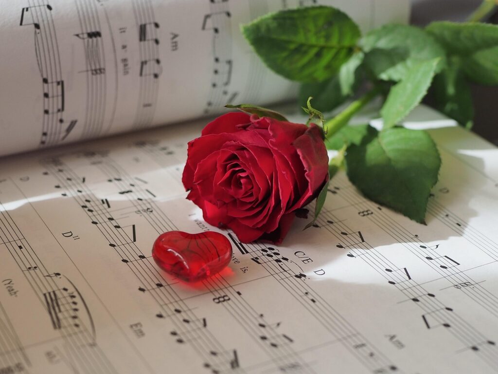 sheet music, rose, heart, love, rose flower, romance, valentine's day, red flower