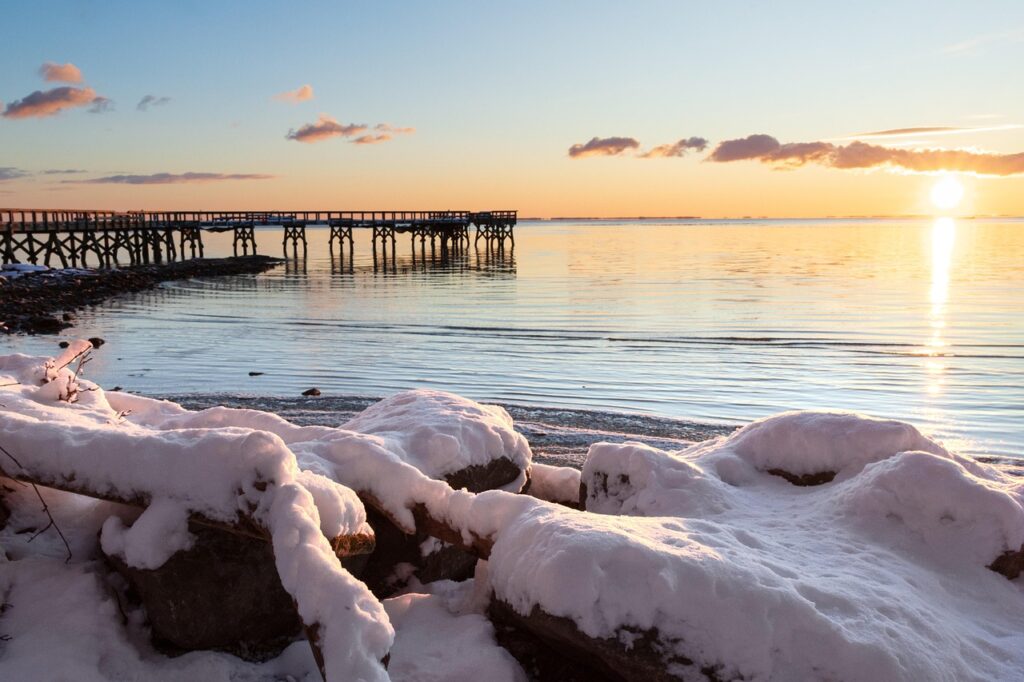 winter, pier, sunrise, bay, nature, snow, dock