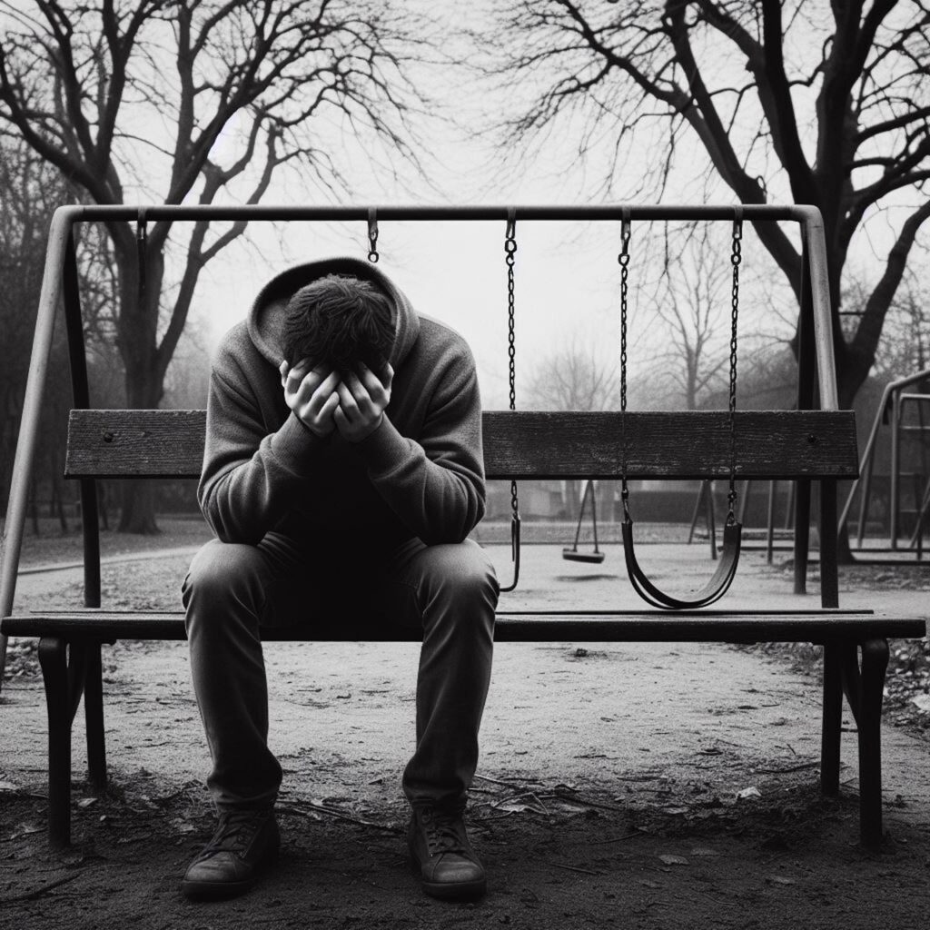 ai generated, man, grieving, playground, park bench, sadness, ache, depression, suffering, crying, loneliness, love, mourning, emotions, black and white, monochrome, crying, crying, crying, crying, crying