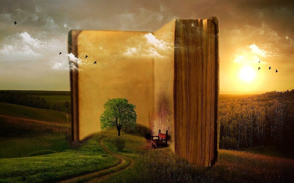 book, old, surreal, fantasy, pages, open book, chapters, tree, path, fields, meadows, story, story book, photomontage, photo manipulation, clouds, landscape, old book, read, antique, study, nature, antiquarian, leather back