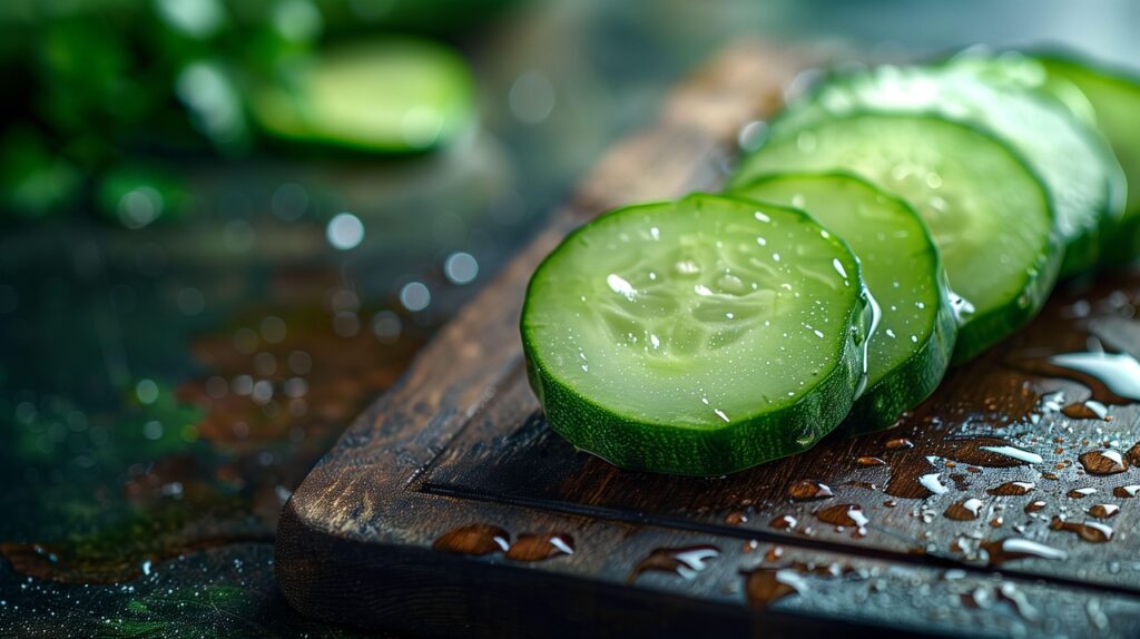 ai generated, cucumber, fruit, food, slice, vegetables, healthy, organic, fresh, greene, slices, board, water, drops, rough, nature, texture