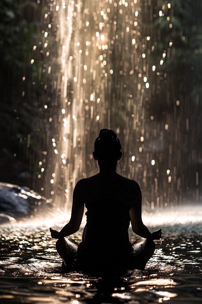 ai generated, woman, meditation, waterfall, serenity, tranquility, nature, mindfulness, peace, zen, water, calm, focus, composure, seated, pose, practice, wellness, therapy, spirituality, harmony, cascade, individual, concentration, balance, retreat