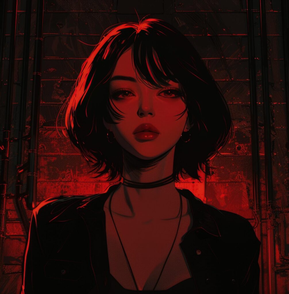 woman, young, young woman, girl, black, red, black and red, cyberpunk, manga, anime, noir, attractive, asian, portrait, bob, movie, cinema, film, pictures, detective, gloomy, character, view, look, ai generated