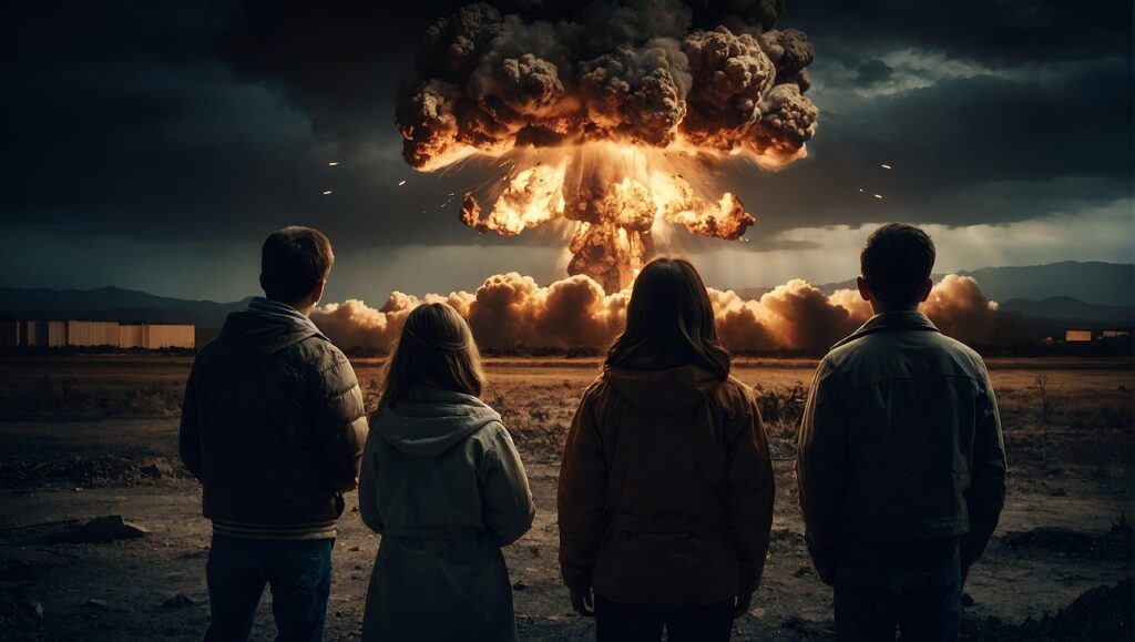 ai generated, nuclear bomb, people, helpless, helplessness, apathy, nuclear weapons, explosion, mushroom cloud, nuclear powers, fear, war, destruction, threat, radioactive, radioactivity