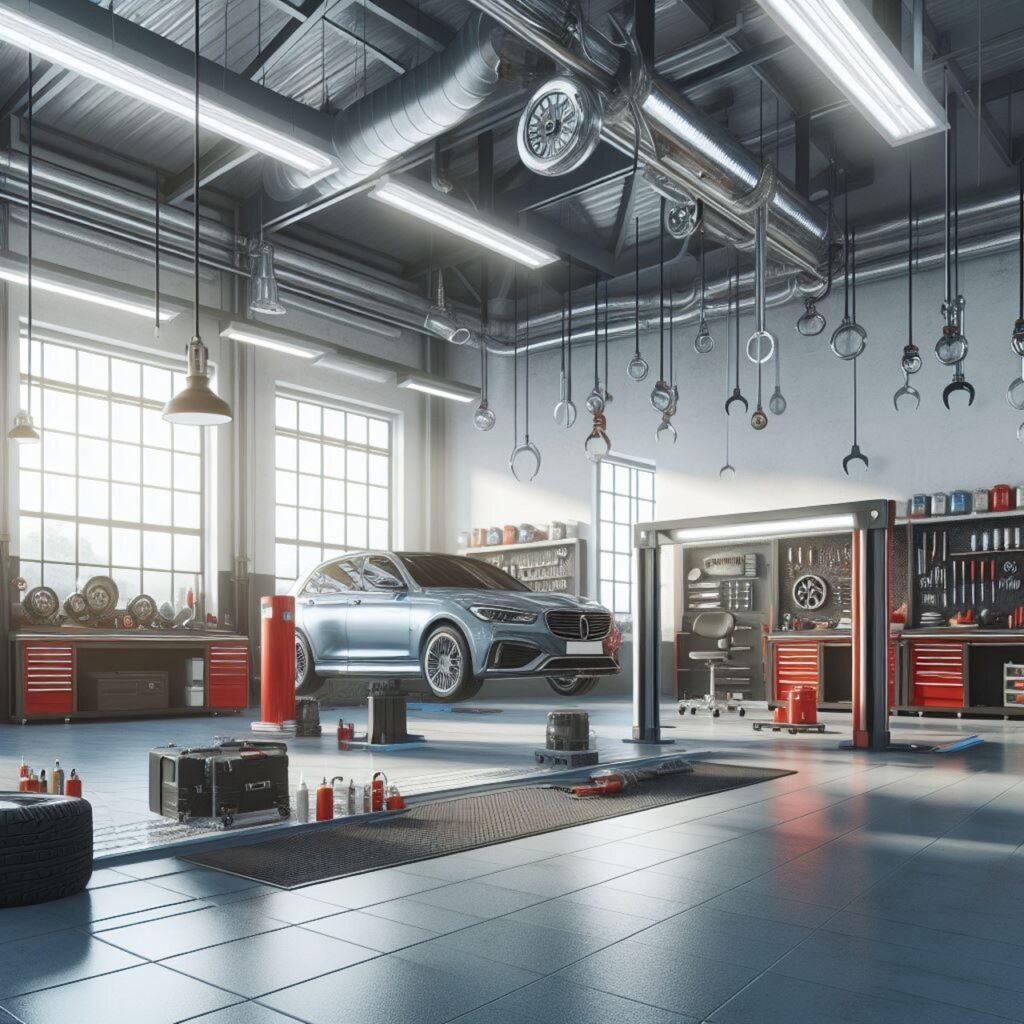 ai generated, car, workshop, repair, elevator, tools, mechanical, automobile