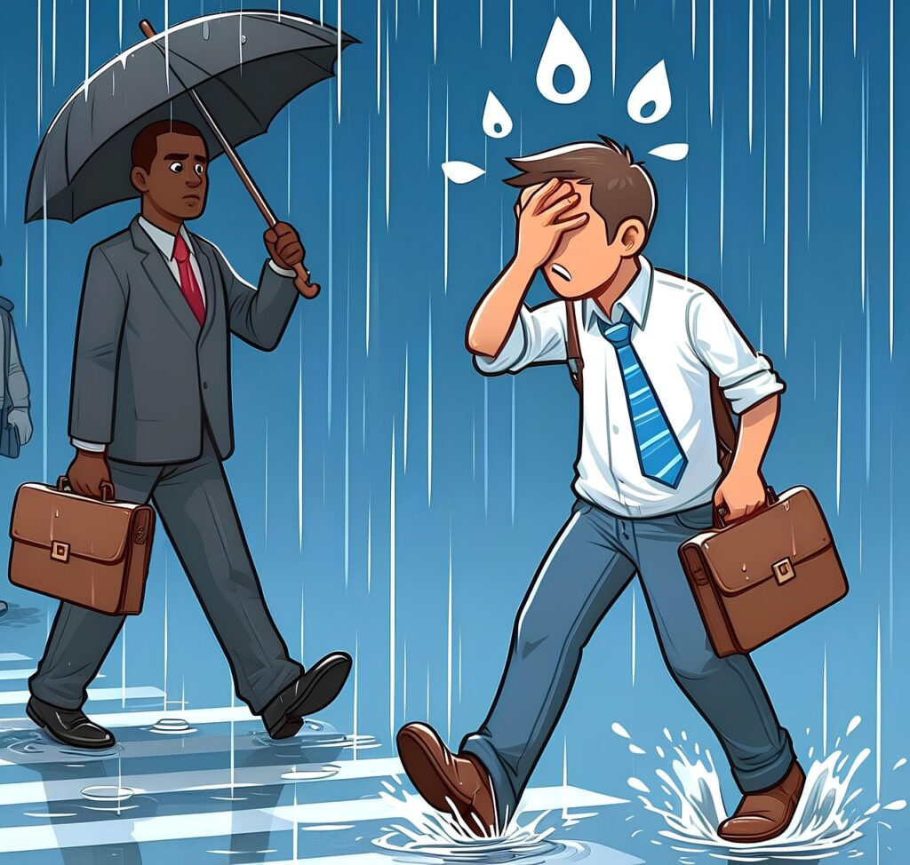 forget, mistake, man, raining, umbrella, weather, nature, wet, rain, ai generated
