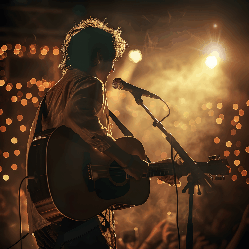 ai generated, man, songwriter, music, musician, singer, guitar, concert, artist, guitarist, performance, personality, strings, sing, singing, microphone, voice, sound, listen, portrait