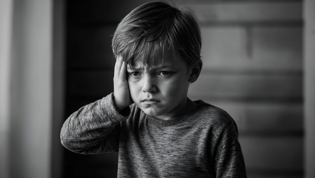 ai generated, boy, sad, child, disappointed, grief, disappointment, face, emotion, eyes, cry, sad boy, unhappy, hopeless, understanding, injured, broken, childhood, beaten, fear, monochrome