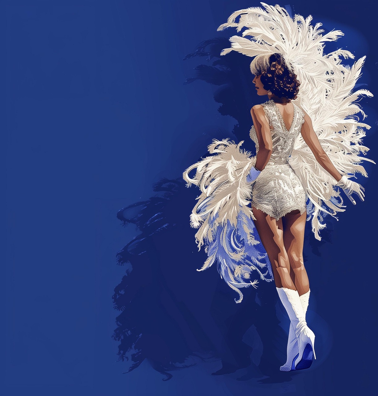 ai generated, woman, fashion, retro, performance, feathered costume, elegant, pose, showgirl, white gloves, boots, stage, glamorous, vintage, sparkling, dramatic, theatrical