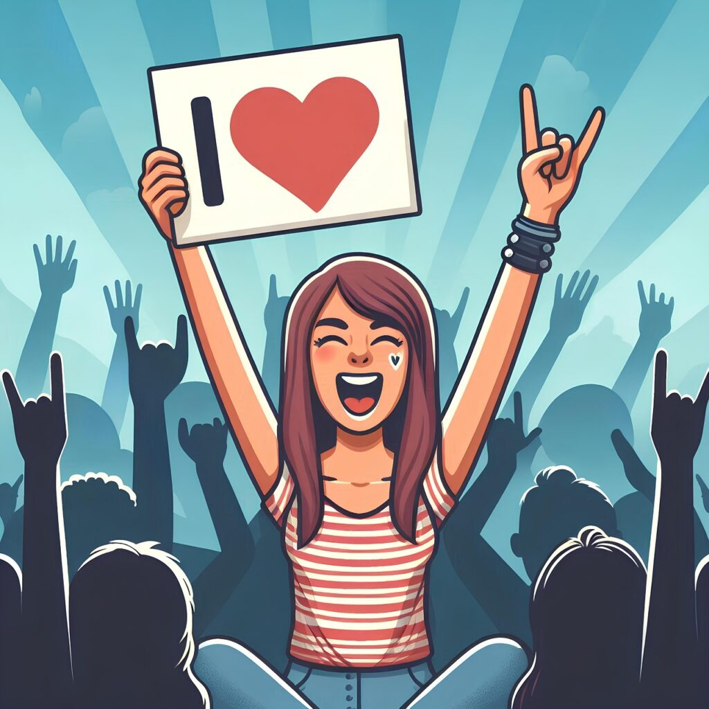 ai generated, fan, concert, girl, cheering, rock, spectator, love, fan girl
