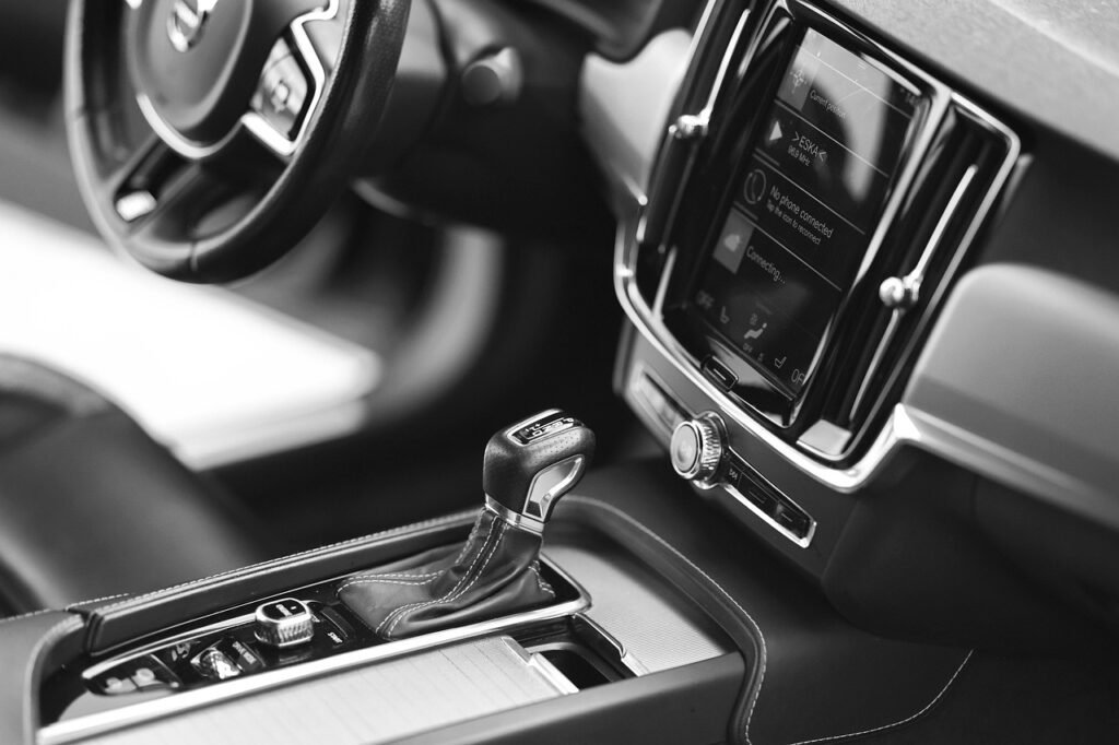 car, automotive, car wallpapers, interior, console, dash, center, shift, lever, black and white