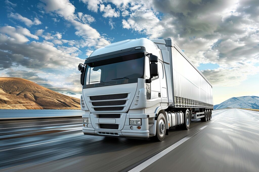 truck, vehicle, transportation, road, cargo, transport, lorry, delivery, trailer, highway, car, freight, trucking, driving, business, industry, logistics, speed, shipping, nature, sky, container, big, driver, moving