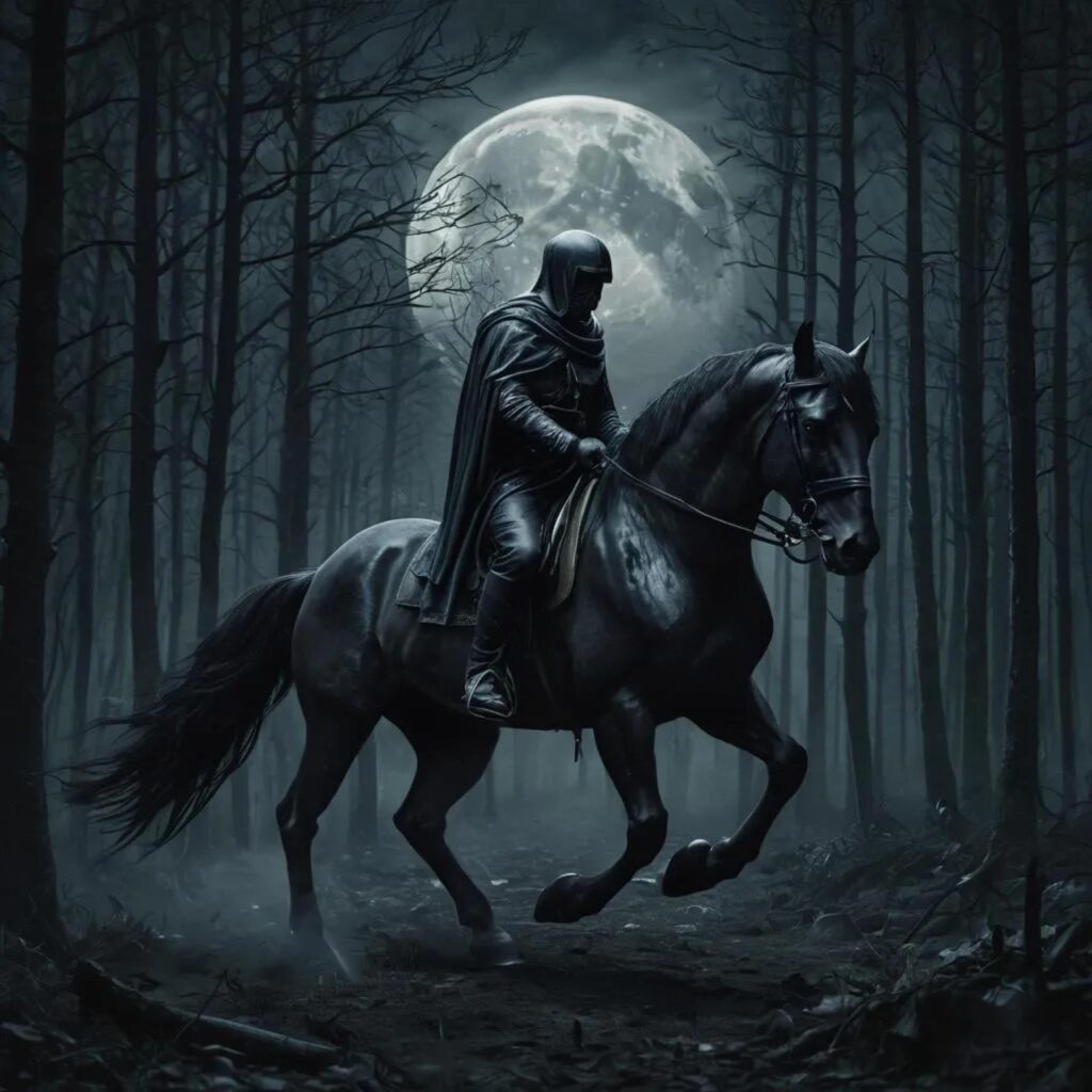 ai generated, knight, forest, dark, horse, nature, fantasy, monochrome