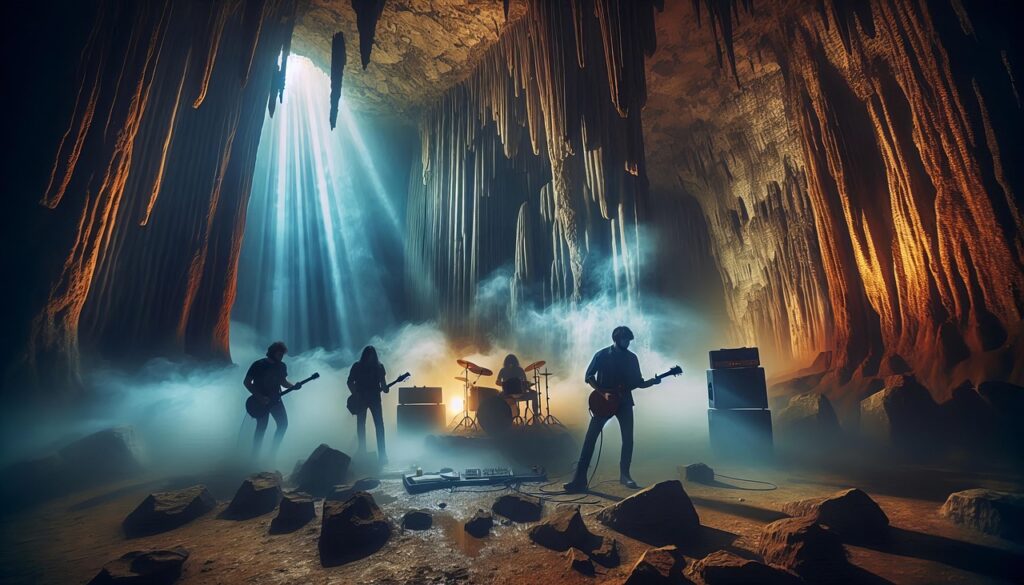 ai generated, rock band, cave, music, band, concert, performance