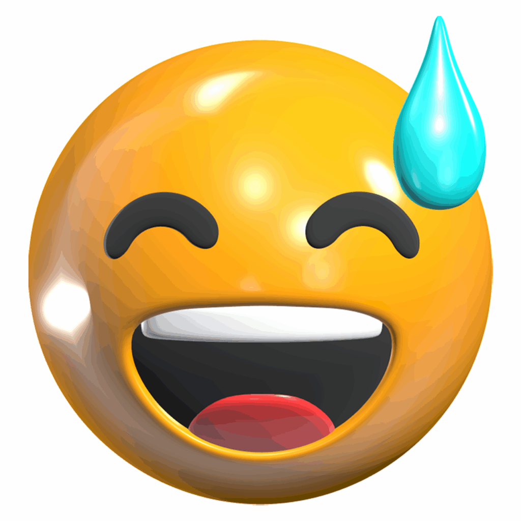 embarrassed, sweat drop, smiling, shy, digital sticker, playful, awkward moment, cartoon face, humorous, facial expression, sticker, reaction emoji, 3d design, graphic design, emoticon, isolated