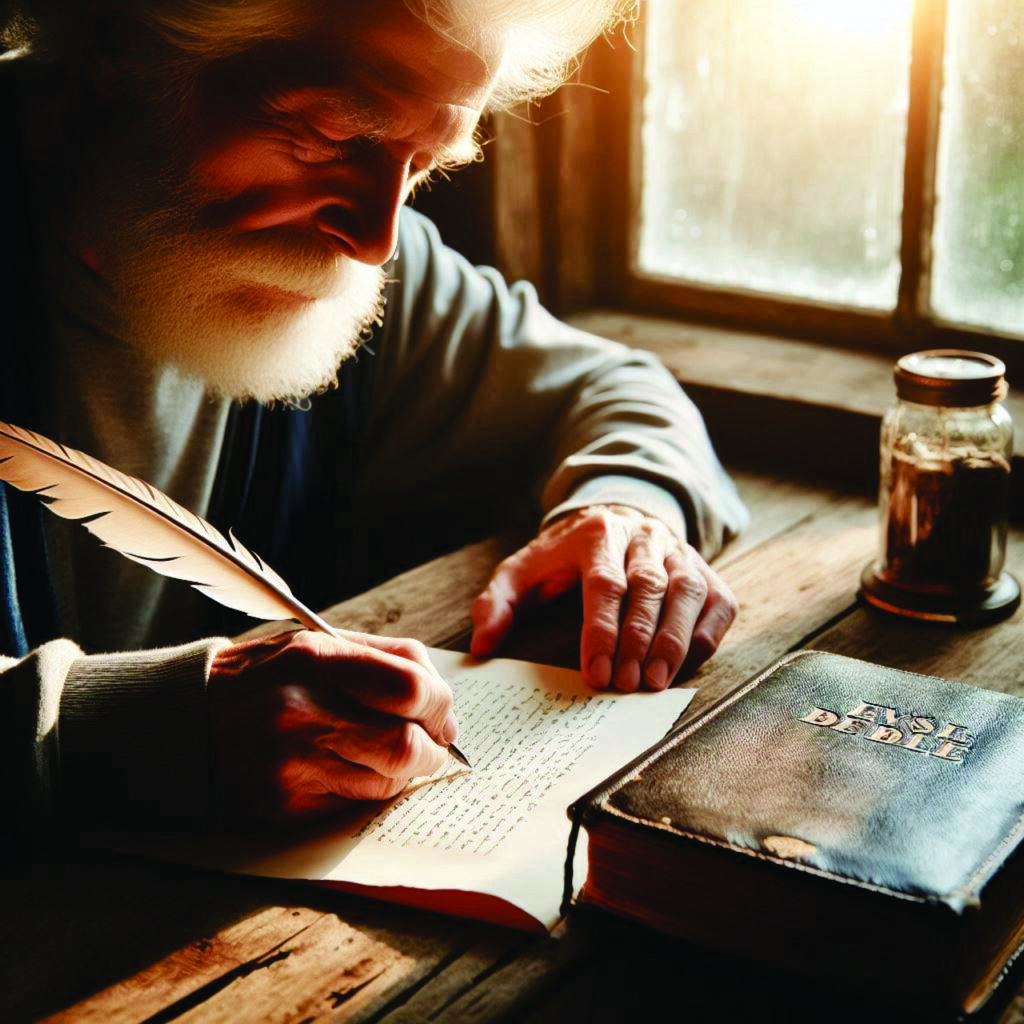 ai generated, old man, writing, bible, wisdom, age, old, legacy, history, praying, god, servant, pastor