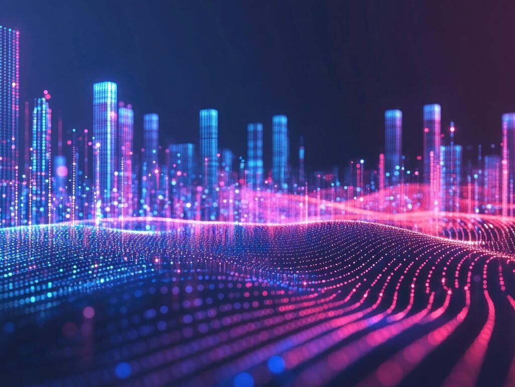 futuristic, digital, cityscape, city, neon, skyline, lights, data, streams, technology, urban, skyscrapers, glowing, dynamic, abstract, digitalization, cyber, electronic, bright, innovation, dataflow, network, tech, scene, background, ai generated