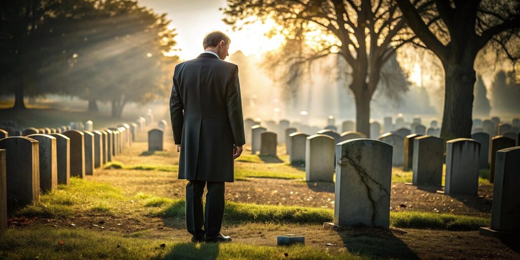 ai generated, man, cemetery, graveyard, tombstones, grief, funeral, sunlight, death