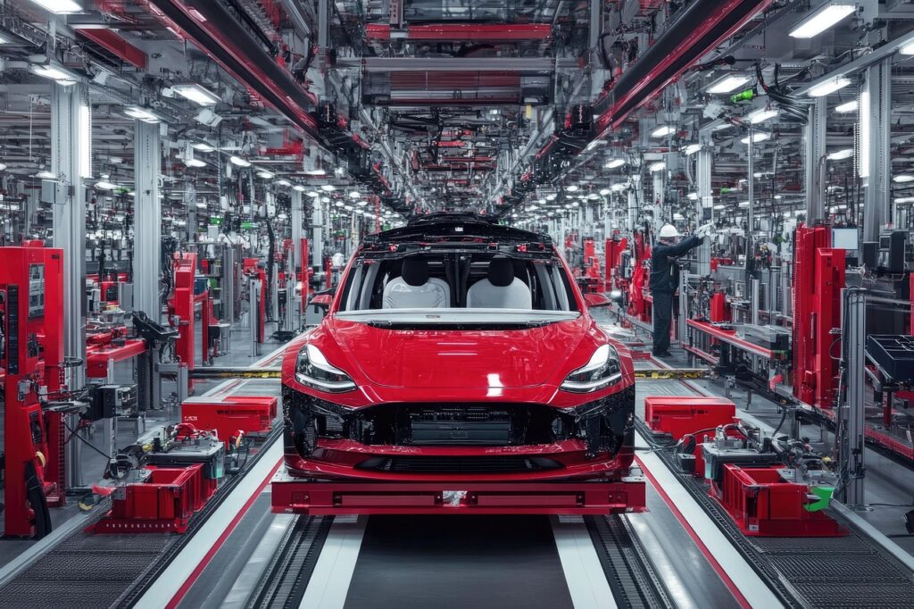 ai generated, electric, vehicle, manufacturing, factory, production, assembly line, industrial, technology, modern, transport, engineering, factory interior, automation, conveyor, electric car, machinery, automobile