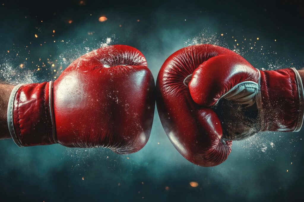 ai generated, boxing, gloves, clashing, collision, impact, dust, explosive, fight, clash, battle, power, competition, sport, strength, punch, energy, force, action, dynamic, motion, hit, combat, knockout, powerful, athletic