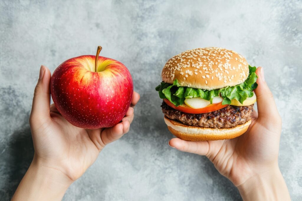 ai generated, food choice, healthy food, apple, hamburger, healthy, food, unhealthy, fast food, choice, fruit, unhealthy choice, processed food